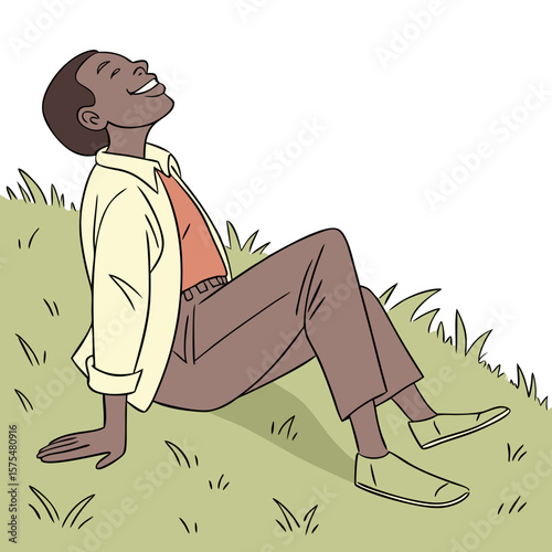 Person Barefoot on Green Grass Smiling and Relaxed. Perfect for: Earth Day, nature retreats, summer festivals