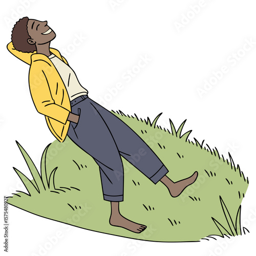 Person Barefoot on Green Grass Smiling and Relaxed. Perfect for: Earth Day, nature retreats, summer festivals