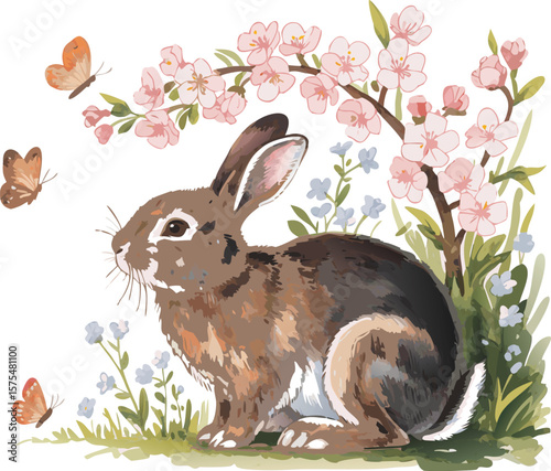 Watercolor Illustration of a Rabbit with Butterflies, Flowers, and Green Grass on a White Background