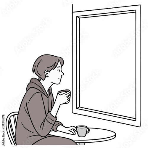 Person Drinking Coffee and Gazing Thoughtfully Out the Window. Perfect for: Morning ritual promotions, lifestyle blogs