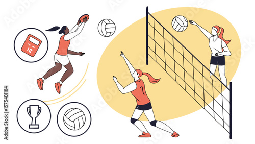 Volleyball players in action team sport game with net and ball for fitness and competitive play sport