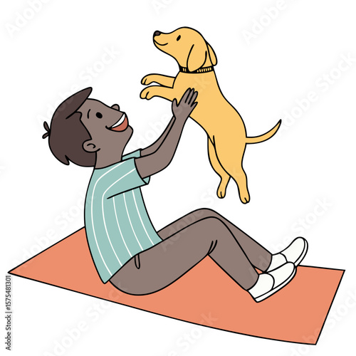 Person Relaxing on Yoga Mat While Playing with Pet. Perfect for: National Pet Day, home wellness routines