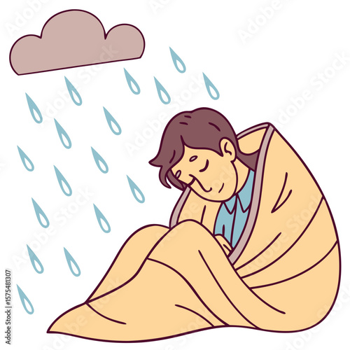 Person Sleeping Under Cozy Blanket While Listening to Rain Sounds. Perfect for: World Sleep Day, ASMR channels, cozy sleep guides