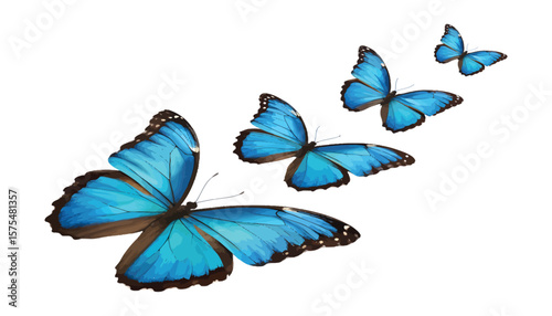 Group of vibrant blue butterflies in flight formation isolated on transparent background, symbol of transformation and freedom, watercolor-style illustration Png
