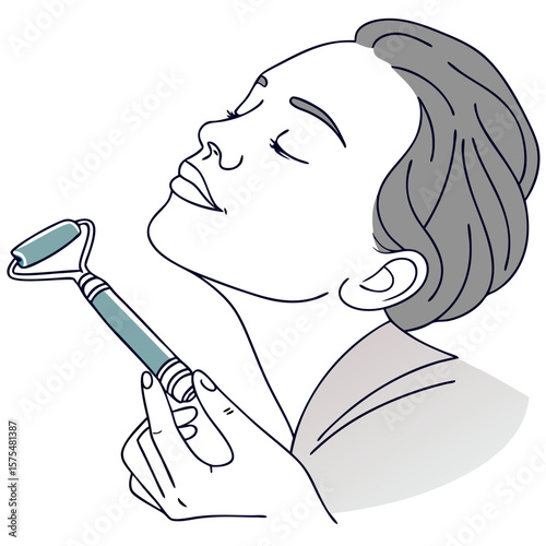 Person Using a Face Massage Roller for Skincare Routine. Perfect for: Beauty sales events, skincare brand promos