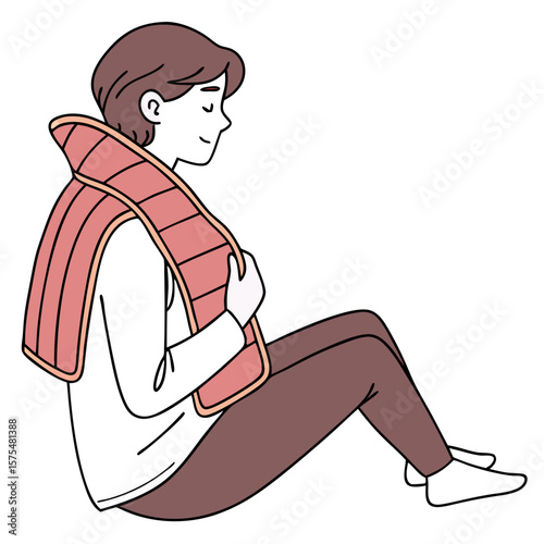 Person Using a Heating Pad on Shoulders for Muscle Relief. Perfect for: Stress Awareness Month, physical therapy features