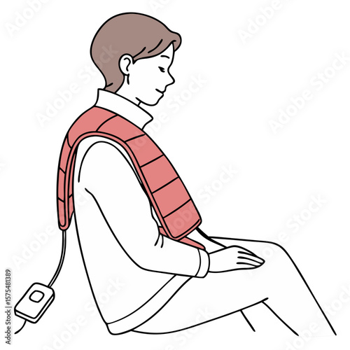 Person Using a Heating Pad on Shoulders for Muscle Relief. Perfect for: Stress Awareness Month, physical therapy features
