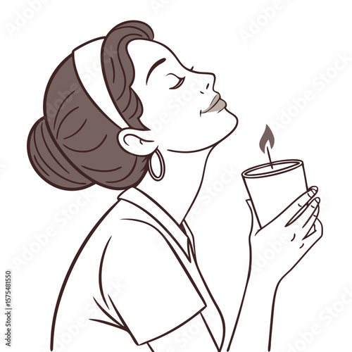 Woman Enjoying Scent of Aromatic Candle for Relaxation. Perfect for: Cozy season, Hygge lifestyle features