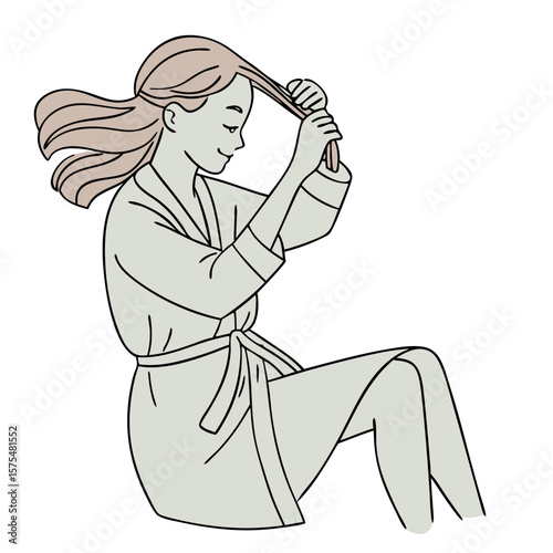 Woman Gently Brushing Hair During a Calm Morning Routine. Perfect for: Morning rituals, self-care campaigns