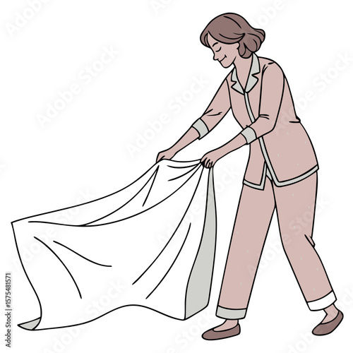 Woman in Pajamas Making Bed as Part of Bedtime Routine. Perfect for: World Sleep Day, evening routine content