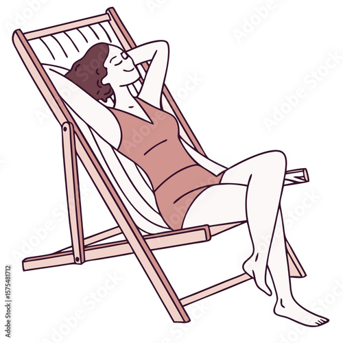 Woman Sunbathing on Lounge Chair Enjoying Sunshine. Perfect for: Summer campaigns, holiday wellness content