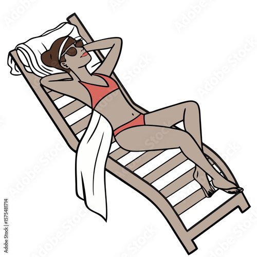 Woman Sunbathing on Lounge Chair Enjoying Sunshine. Perfect for: Summer campaigns, holiday wellness content