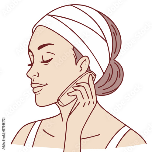 Woman Using Gua Sha Tool for Facial Massage and Skin Care. Perfect for: Beauty ritual promotions, holistic skincare events