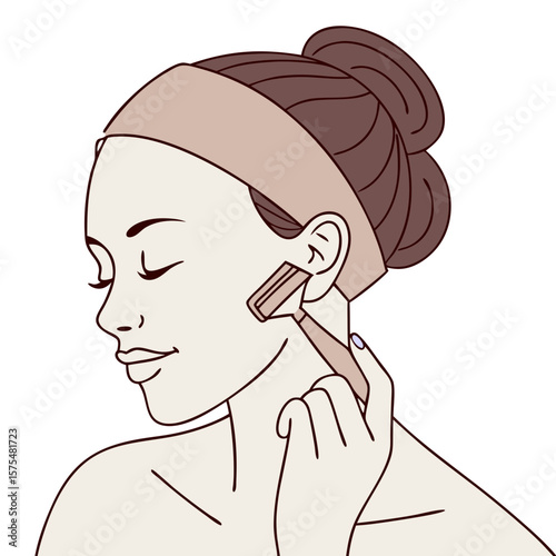 Woman Using Gua Sha Tool for Facial Massage and Skin Care. Perfect for: Beauty ritual promotions, holistic skincare events