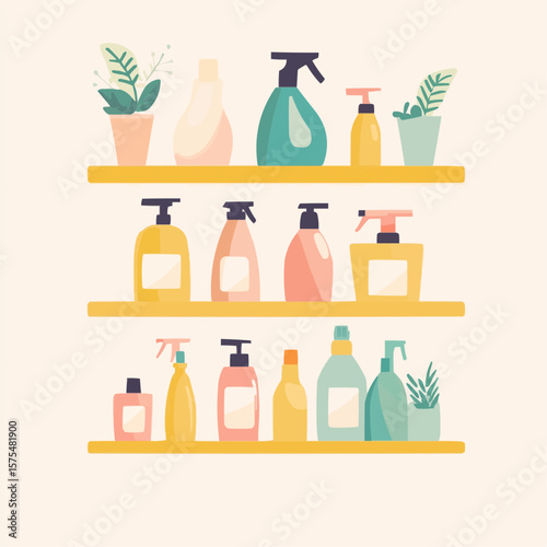 Minimal flat cartoon clipart of shelf with colorful cleaners, ideal for household packaging, home decor and printable designs