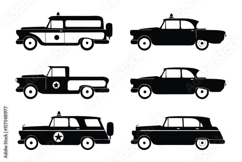 Classic Car Silhouette Collection: A stylized collection of vintage vehicles showcasing timeless designs and iconic silhouettes in black and white.
