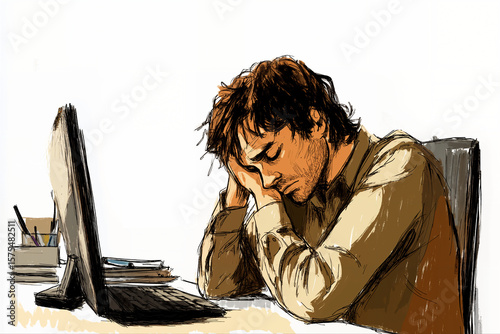 color sketch of a sad employee staying late and sad in the office, white background, art