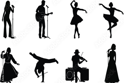 Silhouette illustration showcasing diverse performing artists in various disciplines