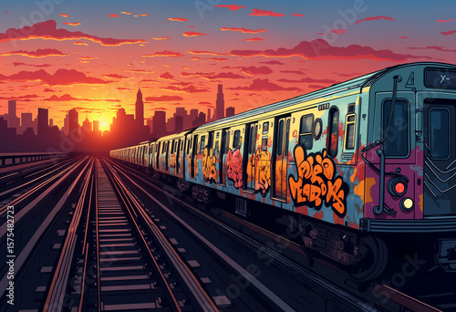 A subway train with graffiti on the tracks, in the background is a city, a metropolis at sunset.