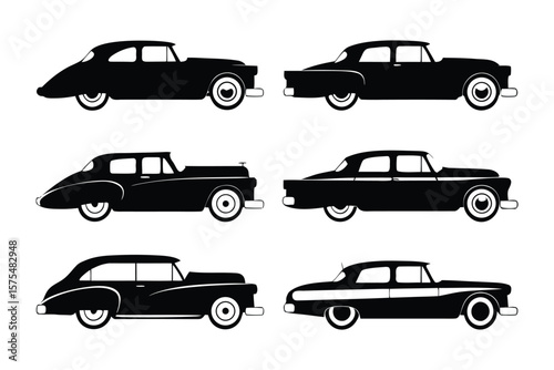 Classic Automobile Silhouette: A captivating collection of vintage automobiles rendered in sleek black, capturing the elegance and nostalgia of a bygone era.