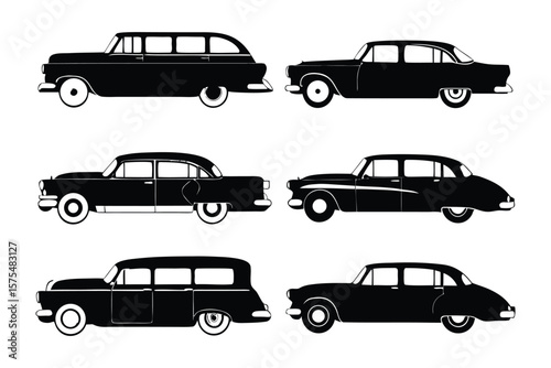 Vintage Cars Silhouettes: A collection of elegantly illustrated vintage automobiles showcases timeless design, representing a bygone era of classic vehicles.