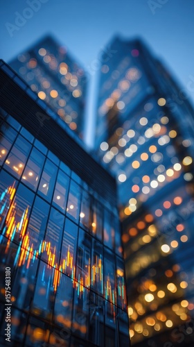 Financial market trends reflected in modern skyscraper windows at dusk in an urban setting