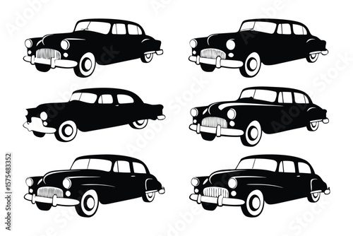 Vintage Car Silhouettes: A collection of vintage car silhouettes in sleek black, offering a classic aesthetic and timeless appeal. Perfect for design projects.