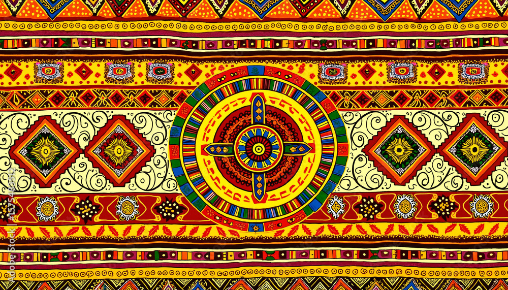 Colorful textile pattern with geometric designs in vibrant colors Colorful textile pattern with geometric designs in vibrant colors