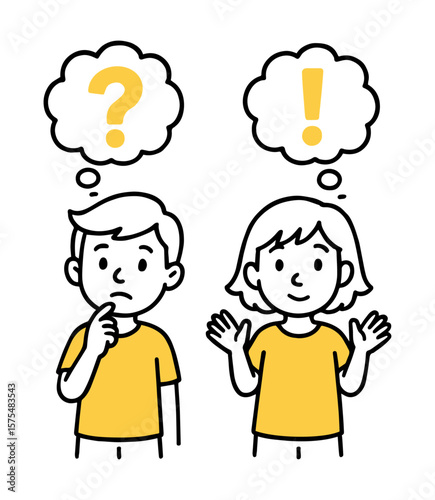 Boy and Girl Illustration with Thought Bubbles, Question Mark and Exclamation Mark. Hand-Drawn Doodle Style Vector Illustration