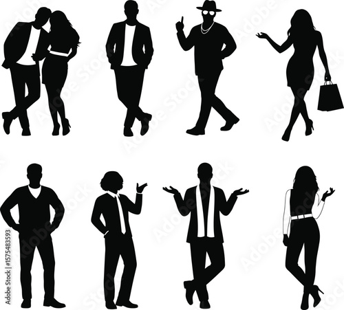 Silhouette illustrations of diverse individuals in various poses and outfits shown here