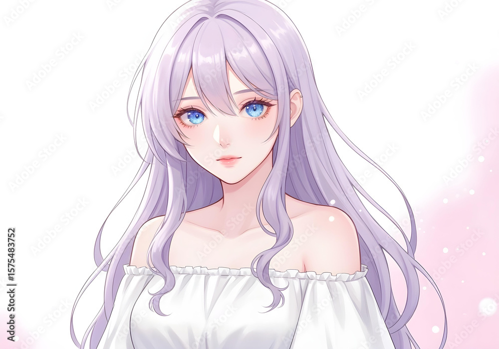 manga style character with lavender hair wearing white off-shoulder dress
manga style character with lavender hair wearing white off-shoulder dress