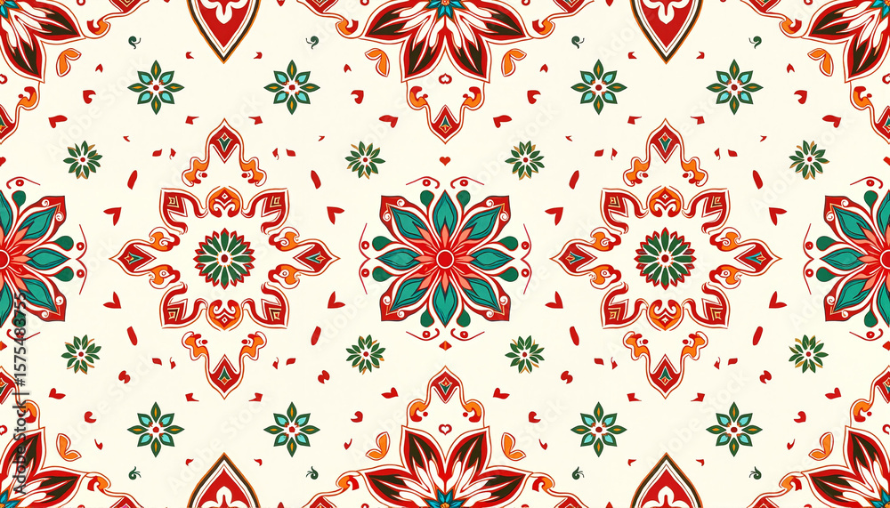 Obraz premium Colorful floral pattern with red and green on cream background 