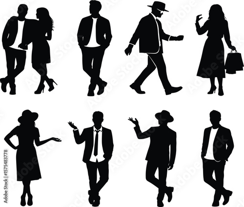 Silhouettes of diverse people in various poses standing and walking on a white background