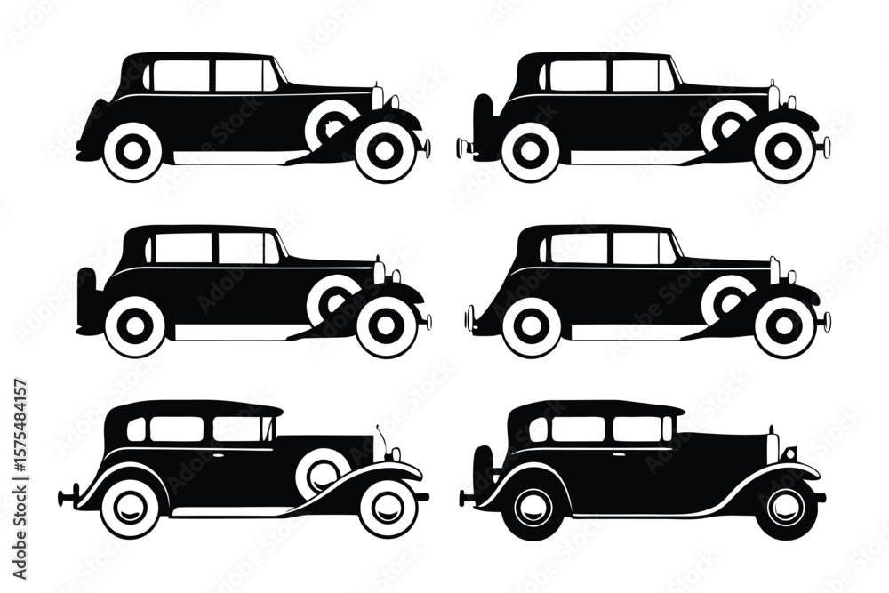 Fototapeta premium Elegant Vintage Car Silhouettes: A set of meticulously designed, black and white vector silhouettes showcasing classic vintage cars with an enduring elegance.