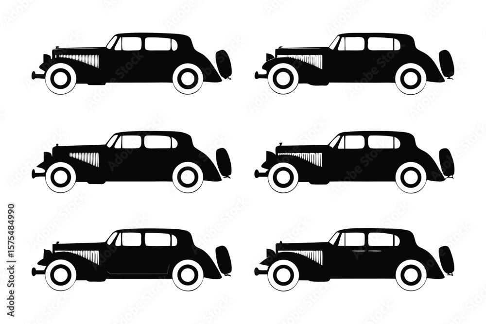 Fototapeta premium Vintage Car Silhouettes: An elegant arrangement of classic car silhouettes, evoking a sense of nostalgia for a bygone era of automotive design and the allure of historical automobiles.