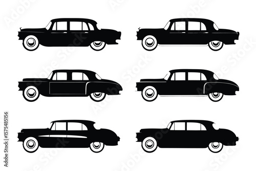 Classic Car Silhouettes: A collection of sleek, black vintage car silhouettes showcase timeless elegance, perfect for design projects with a touch of classic automotive charm.