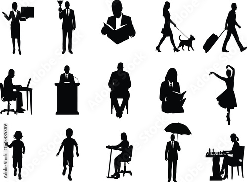Collection of various people silhouettes engaging in different activities and professions