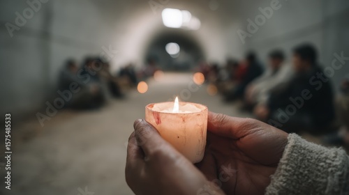 Close-up of hands holding a candle in a dimly lit tunnel with people sitting in the background