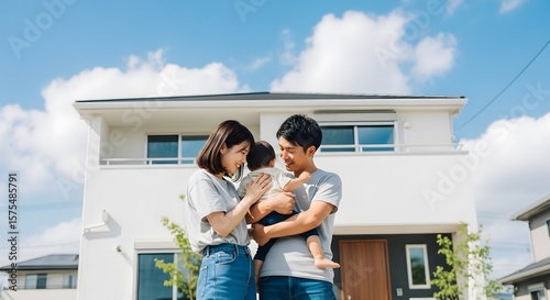 A young Japanese family embraces in front of their modern, white home on a sunny day.