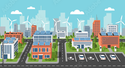 Sustainable city skyline with renewable energy sources and electric vehicle parking.