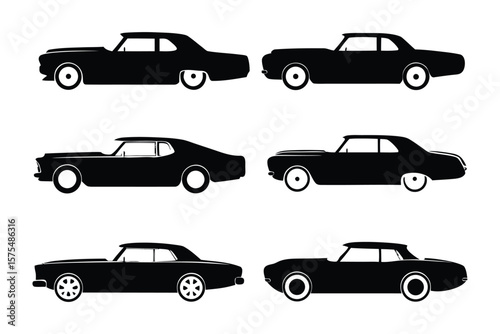 Silhouette of Classic Cars: Six vintage automobiles rendered in elegant black silhouette, offering a timeless portrayal of classic automotive design. Suitable for any project.