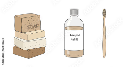 Illustration depicting sustainable bathroom products: soap, shampoo refill, and toothbrush.