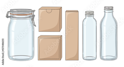 Empty glass jars and boxes, various sizes and styles, displayed against a white background.