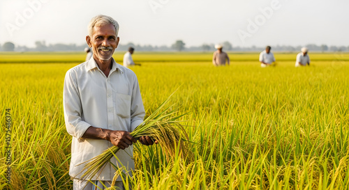 Happy senior Indian farmer with straw hat holding rice crops in lush green paddy field. Agriculture, harvest, rural India.