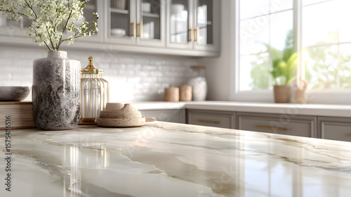 Modern minimalist kitchen scene, bright and airy, focus on a pristine marble countertop with ample empty central space for product placement, subtle out-of-focus background of kitchen cabinets, soft n