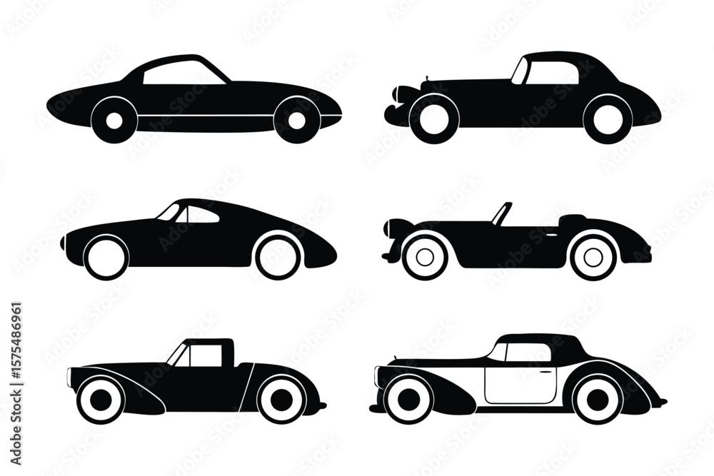 Fototapeta premium Classic Car Icons: A collection of six classic car silhouettes, showcasing diverse body styles from sleek coupes to elegant convertibles. Each car is rendered in a simple.
