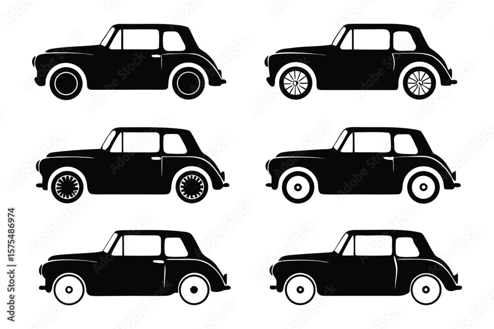 Fototapeta premium Vintage Car Silhouette Collection: A series of classic vintage cars are presented as elegant, detailed silhouettes, offering a timeless aesthetic suitable for design and transportation themes.