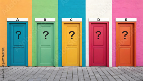Colored doors with question symbols reflect personal and professional dilemmas. A visual image of life decisions and prospects. Great for business and design coaching.