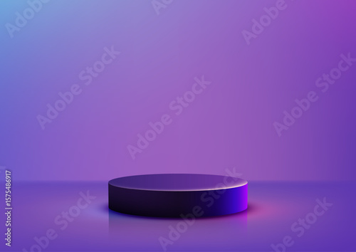 product display mockup with black cylindrical podium glowing pink blue light on vibrant gradient background for modern branding, abstract showcase, technology and advertising concept