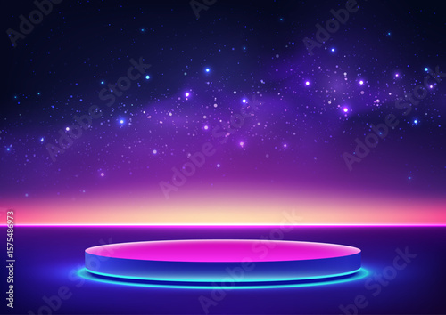 futuristic technology abstract background with neon pink and blue glowing podium under starry night sky vibrant cosmic landscape sci fi product display template for mockup and showroom scene